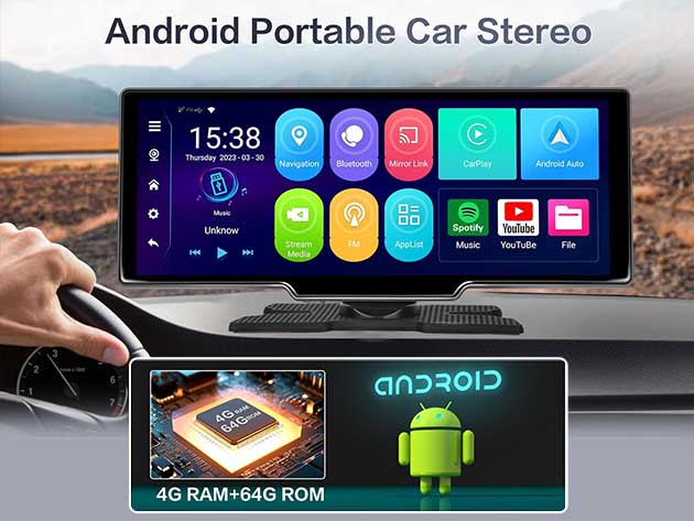 10" Touchscreen Wireless/Wi-Fi/Bluetooth Car Display with Apple CarPlay & Android Auto Support