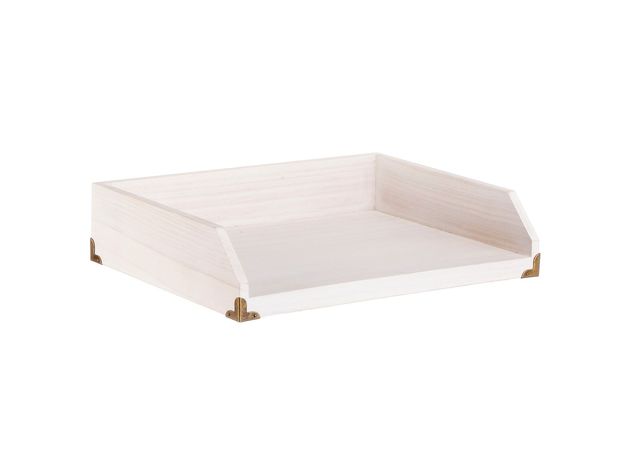 Threshold Natural Wood Sleek Desk Dovetail Joints Metal Corner Hinges Paper Tray, White