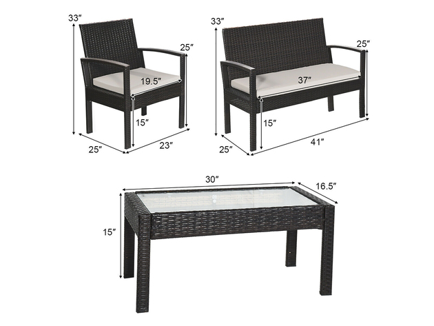Costway 4 Piece Rattan Patio Furniture Set Garden Lawn Sofa Wicker Cushioned Seat Brown, Beige
