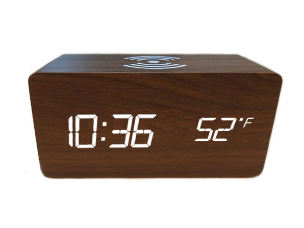 Qi Charging LED Wooden Alarm Clock - Brown - Product Image