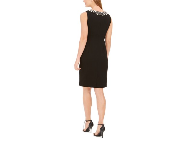 Calvin Klein Women's Petite Faux-Pearl-Trim Sheath Dress Black SIze 12P