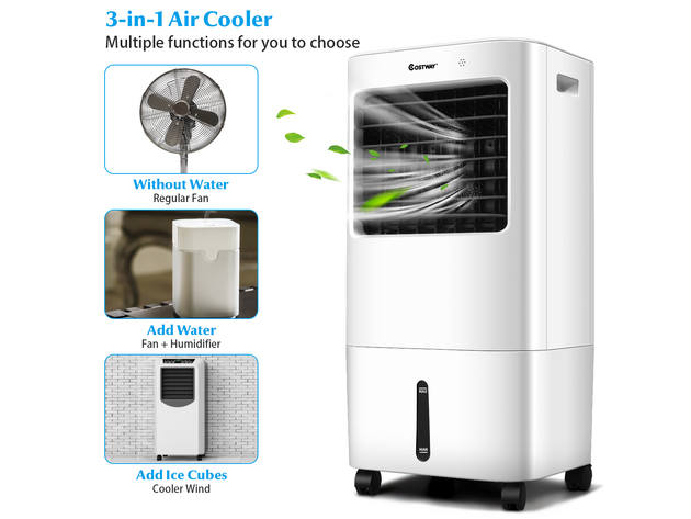 Costway Evaporative Portable Air Cooler Fan & Humidifier w/ Remote Control 7.5 Timer - White + Black