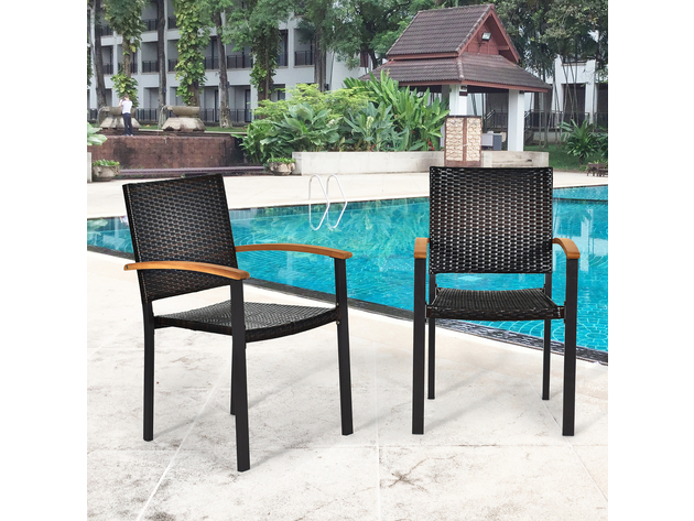 Costway Set of 4 Outdoor Patio PE Rattan Dining Chairs Armrest Stackable Garden - Brown