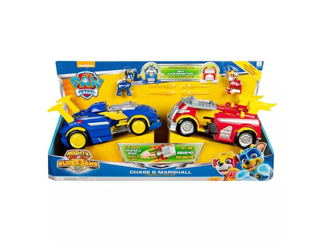 Spin Maste Paw Patrol Mighty Pups Super Paws Chase & Marshall Powered Up Vehicles Transforming Vehicle & Figure, 2-Pack