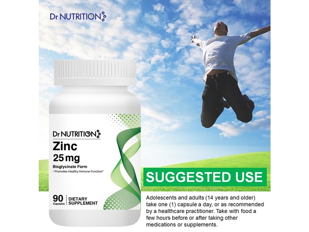 Dr Nutrition 360 Zinc 25 mg - Promotes Healthy Immune Function, 90 Capsules, 3 Months Supply Dietary Supplement