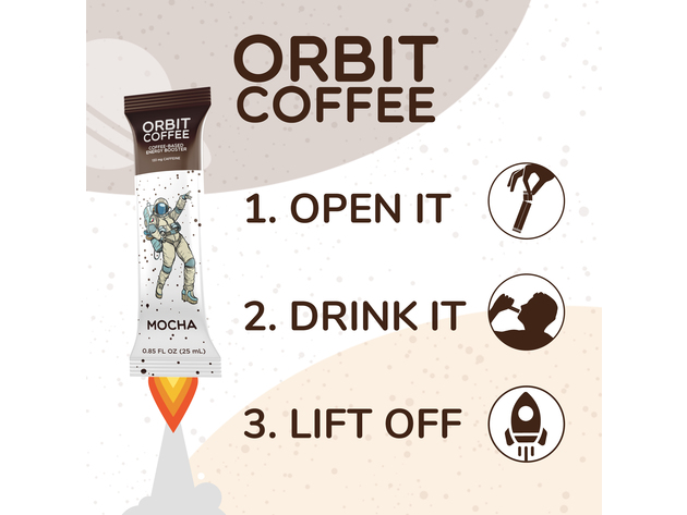 Orbit Coffee energy booster shots, coffee with maca root-Brewed in Italy, low calories & gluten Free - Mocha Flavor (6 Packs - 0.85 FL Oz/25 mL)