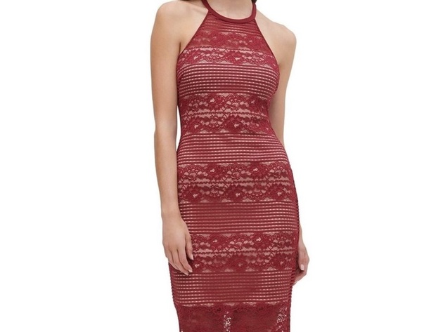 Guess Women's Lace Illusion Halter Dress Red Size 2