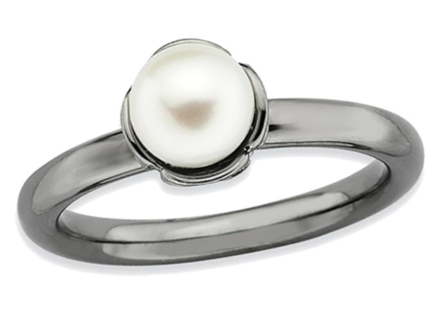 Freshwater Cultured Pearl Ring in Ruthenium Black Plated Sterling Silver - 9