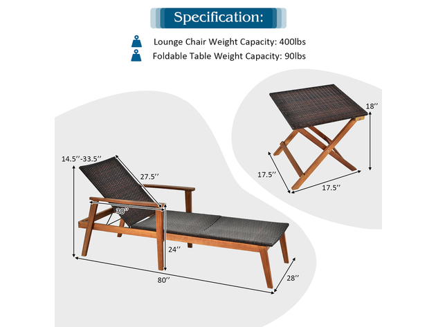 Costway 3 Piece Patio Rattan Lounge Chair Chaise Set Wooden Frame