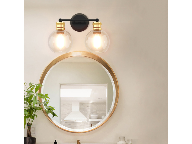 Costway 2 light Vanity Bathroom Light with 7 in Round Clear Glass Shade Vintage Wall Sconce - Black, Golden