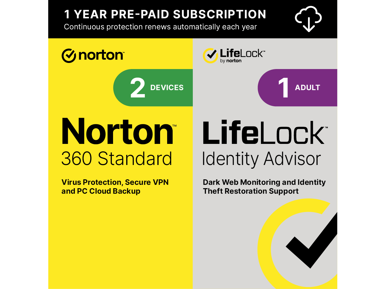 Norton 360 Standard [2 Device] w/ LifeLock Identity Advisor – Includes Antivirus Software, VPN, and Identity Theft Restoration Support - 1 Year Subscription