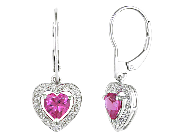 Lab-Created Pink Sapphire Dangling Heart Earrings 2.0 Carat (ctw) in Sterling Silver