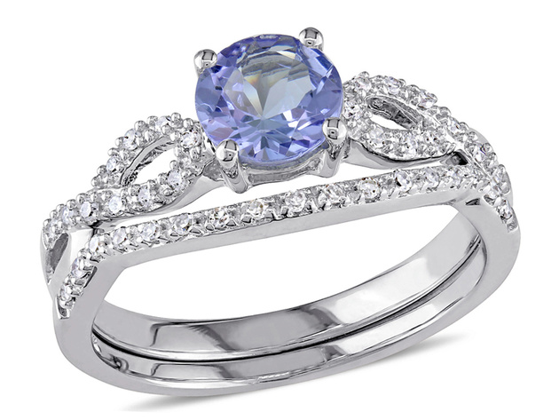 1.00 Carat (ctw) Tanzanite Engagement Ring & Wedding Band in 10K White Gold with Diamonds - 10