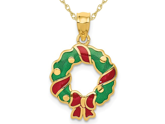 14K Yellow Gold Christmas Wreath Charm Pendant Necklace with Chain