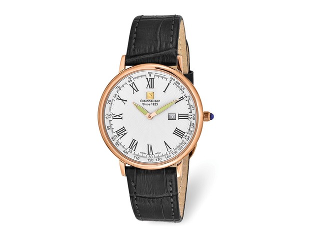 Steinhausen Mens Altdorf Rose IP-plated White Dial Black Strap Watch