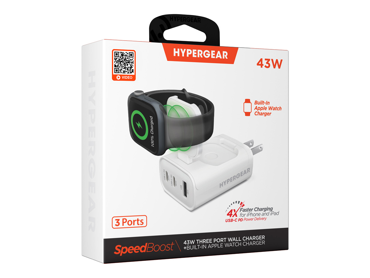 HyperGear SpeedBoost 43W 3-Port USB-C Wall Charger with Built-In Apple Watch Charger