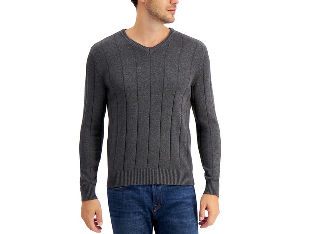 Club Room Men's Cotton Textured V-Neck Sweater Gray Size Medium