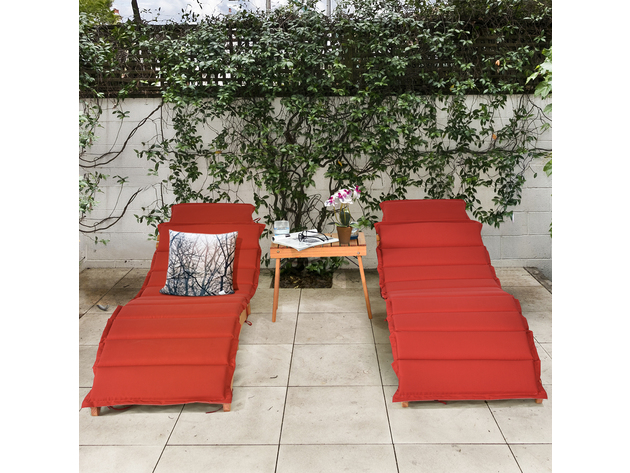Costway 2 Piece Folding Wooden Outdoor Lounge Chair Chaise Red Cushion Pad Pool Deck 