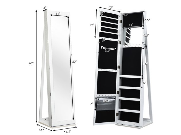 Costway Mirrored Jewelry Cabinet Lockable Standing Storage Organizer W/ Shelf - White