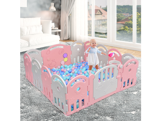 Costway 14-Panel Baby Playpen Kids Activity Center Playard w/Music Box - Pink, Gray