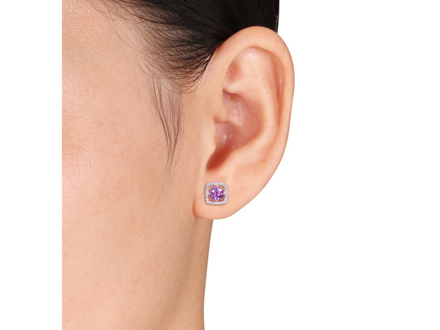 4/5 Carat (ctw) Natural Amethyst Halo Earrings in 10K Rose Pink Gold with Diamonds