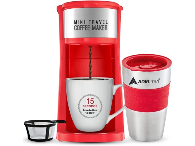 AdirChef Mini Travel Single Serve Coffee Maker & 15oz Travel Tumbler (Red)