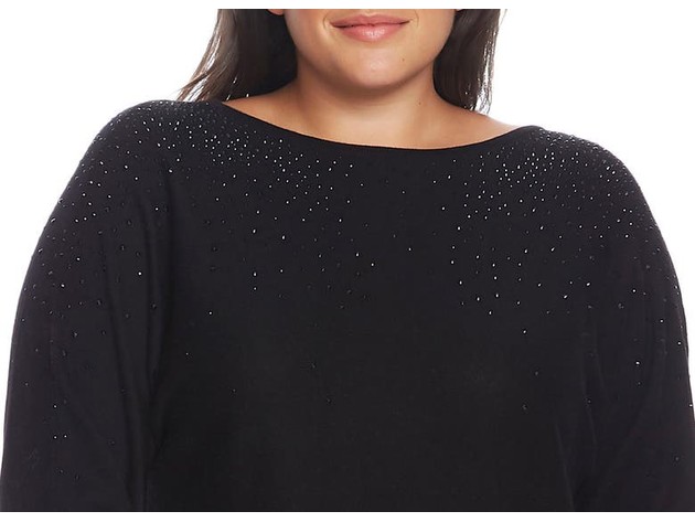 Vince Camuto Women's Plus Crystal Embellished V-Back Cotton Blend Sweater Black Size XXX-Large