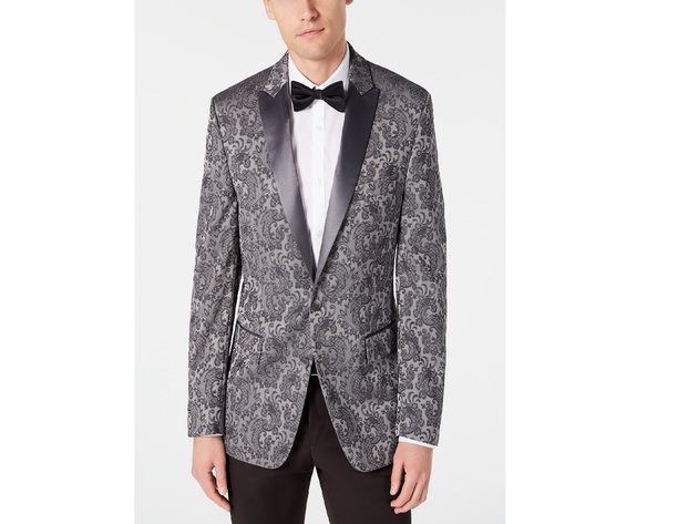 Ryan Seacrest Distinction Men's Modern-Fit Stretch Silver Paisley Jacquard Dinner Jacket Silver Size 36