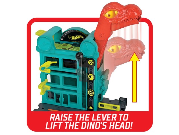 Hot Wheels Downtown Speed Shop Escape Dinosaur and Hot Wheels Storytelling Playset, Suggested For Kids Ages 4-8