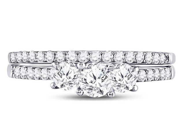 1.00 Carat (ctw G-H, I1) Three Stone Diamond Engagement Ring Bridal Wedding Band Set 14K White Gold - 6
