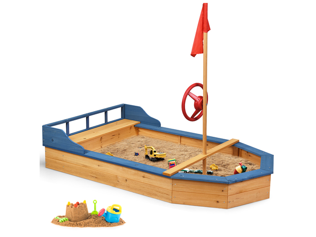 Costway Kids Pirate Boat Wood Sandbox w/ Bench Seat & Flag Pirate Sandboat for Bench