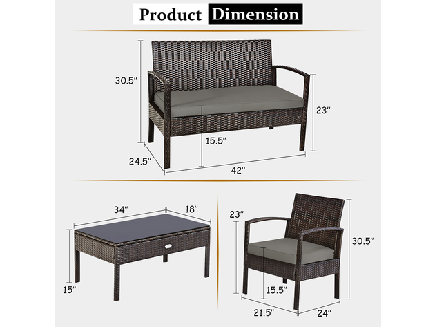 Costway 4 Piece Patio Rattan Wicker Furniture Set Brown Loveseat Sofa Cushioned Garden Yard