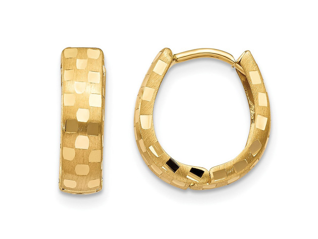 14K Yellow Gold Diamond Cut 4mm Patterned Hinged Huggie Hoop Earrings for $139