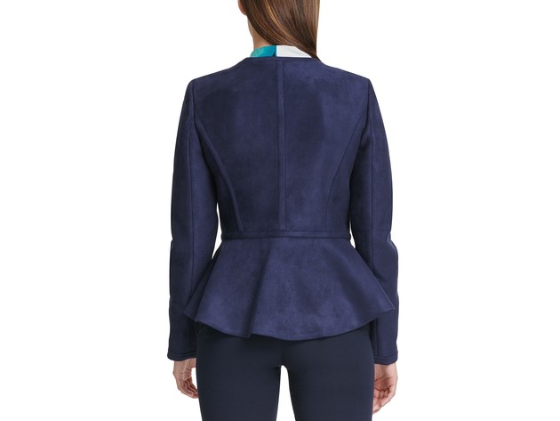 DKNY Women's Faux-Suede Zip-Front Peplum Jacket Navy Size 14