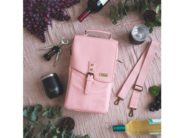 Pink Insulated Genuine Leather Wine Tote Bag & 2 Wine Tumblers. Wine Purse Wine Gift For Women