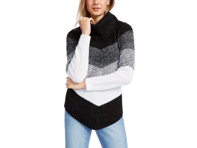 BCX Juniors' Chevron-Stripe Turtleneck Sweater Black Size Small