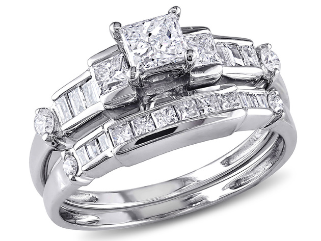 Princess Cut 1.0 Carat (ctw Color G-H Clarity I2_I3) Diamond Engagement Ring & Wedding Band  14K White Gold - 10