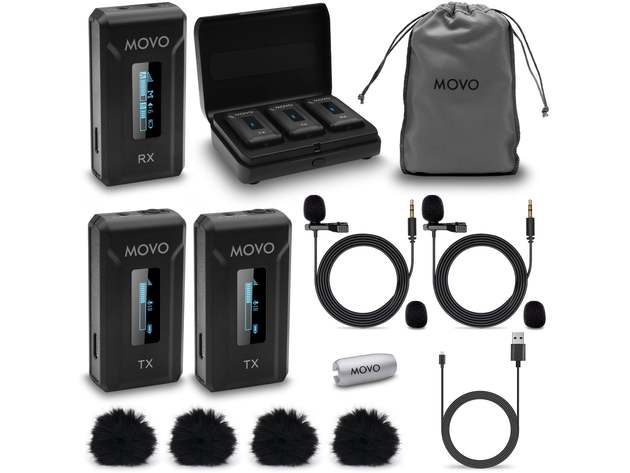 Movo WMX-2-DUO Dual Wireless Lavalier Microphone System with Charging Case