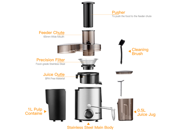 Costway Juicer Machine Centrifugal Juice Extractor Wide Mouth & 2 Speed BPA Free - Silver + Black