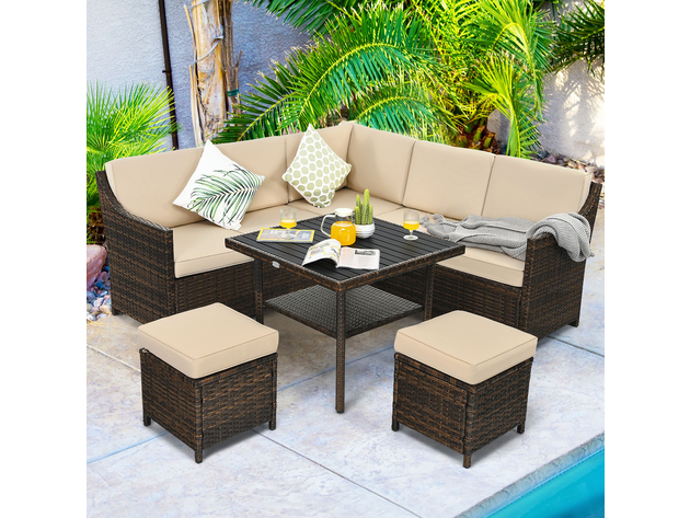 Costway 6PCS Patio Rattan Dining Sofa Furniture Set Ottoman Table Lower Shelf - Beige