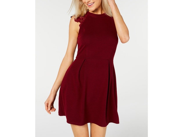 Speechless Juniors' Lace-Shoulder Knit Skater Dress Red Size Small
