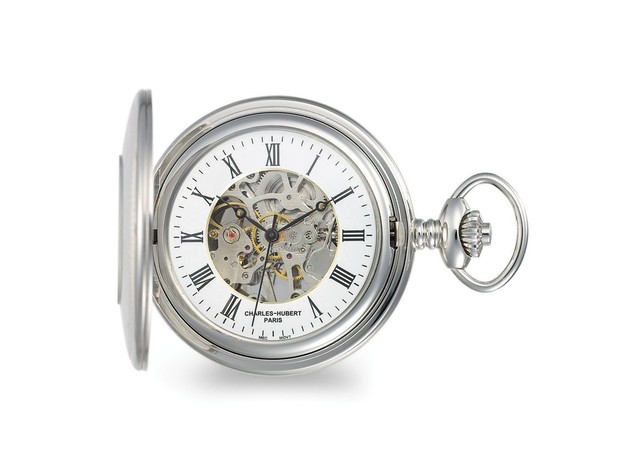 Charles Hubert Stainless w/Oval Engraving Area Skeleton Pocket Watch