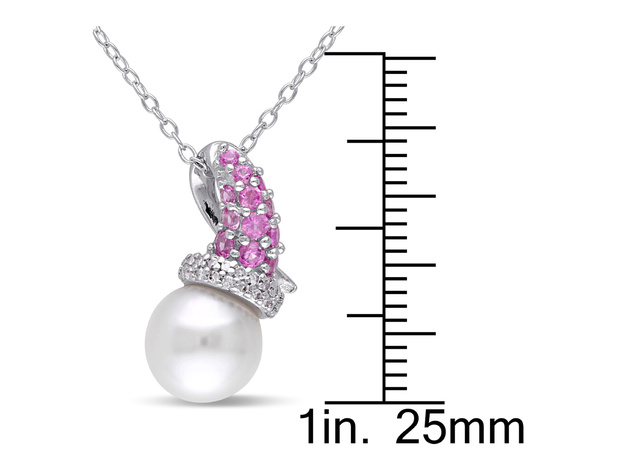 White Freshwater Cultured Pearl 8-8.5mm with Diamond, Created Pink Sapphire Pendant Necklace Sterling Silver