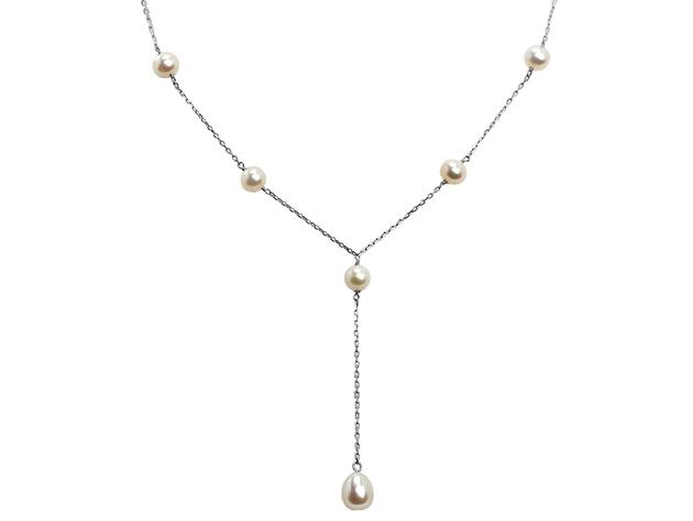 Cultured Freshwater White Pearl Lariat Necklace in Sterling Silver 16 Inches