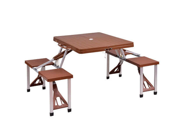 Costway Outdoor Foldable Portable Aluminum Plastic Picnic Table Camping w/ Bench 4 Seat - Brown
