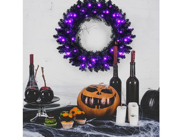 Costway 24inch Pre-lit Christmas Halloween Wreath Black w/ 35 Purple LED Lights - Black