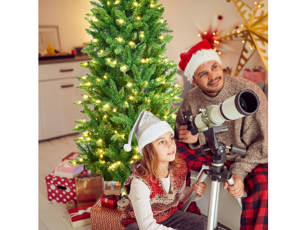 Costway 7Ft Pre-lit Artificial Pencil Christmas Tree Hinged Fir PVC Tree /350 LED Lights - Green