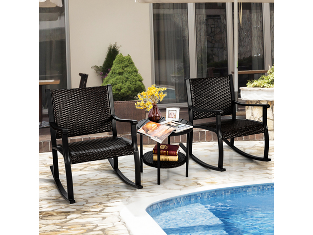 Costway 3 Piece Patio Rattan Rocking Chair Bistro Set Coffee Table Storage Shelf - Dark Brown