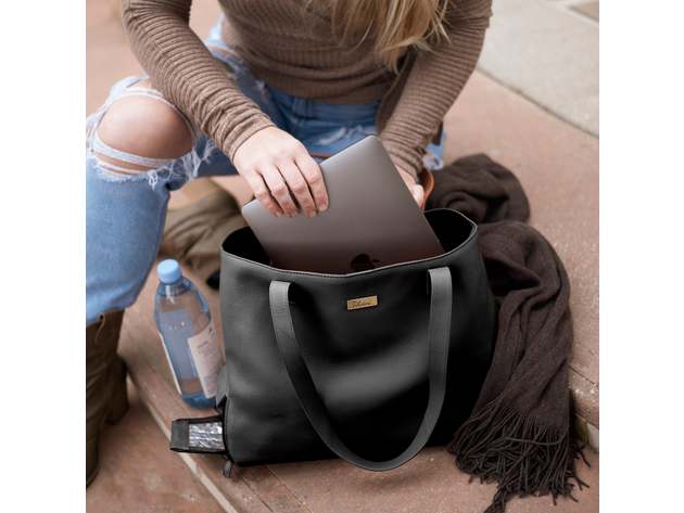 Black Genuine Leather Tote with Insulated Lunch Bag Pocket / Wine Carrier. Wine Purses For Women Who Have Everything