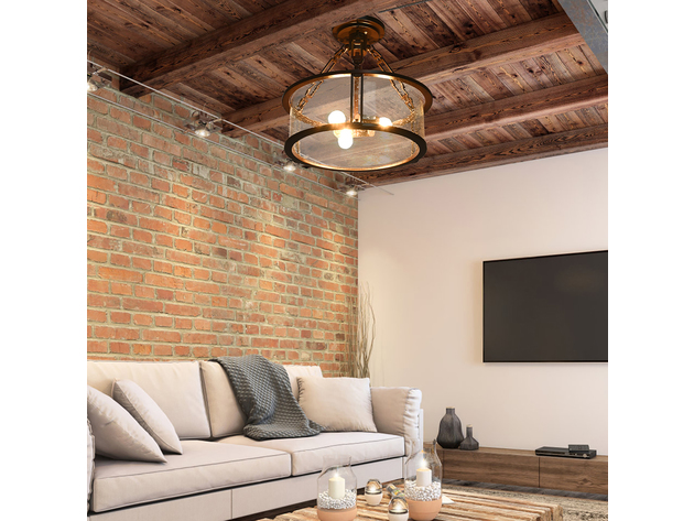 Costway Semi Flush Mount Ceiling Light 3-Light Industrial Bubble Glass Pendant Lamp - Brown